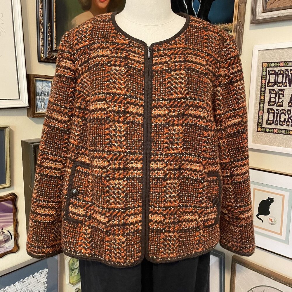 Talbots Womens Orange & Brown Wool Blend Petite Tweed Zip Jacket Size 22WP